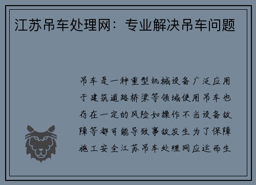 江苏吊车处理网：专业解决吊车问题