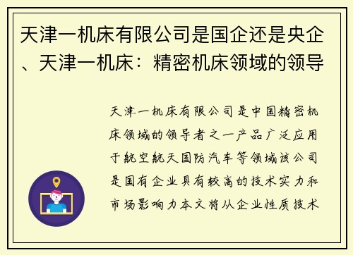 天津一机床有限公司是国企还是央企、天津一机床：精密机床领域的领导者